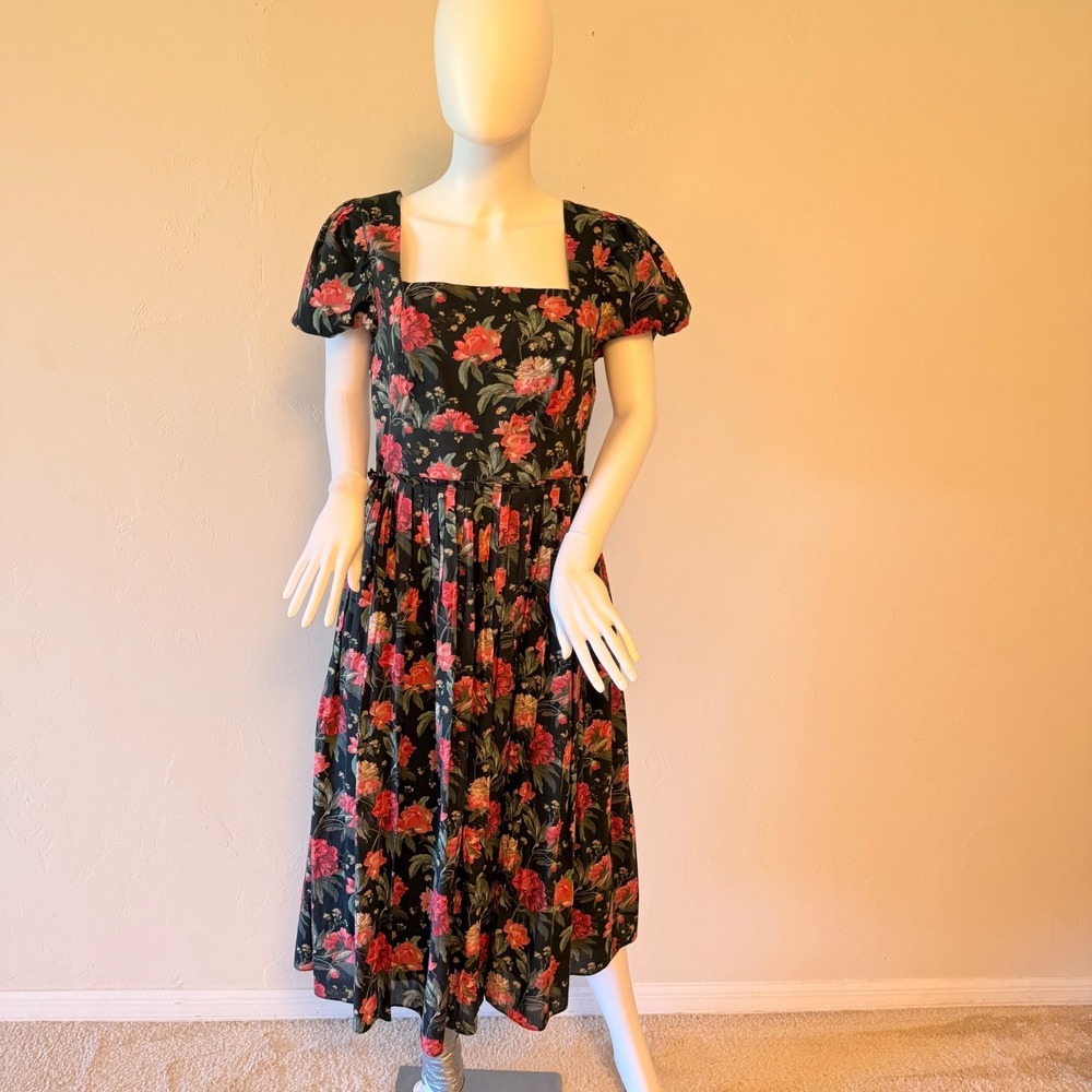 Antonio Melani Floral Midi Dress Black Pink Cotton Puff Sleeve Square Neck Sz 10